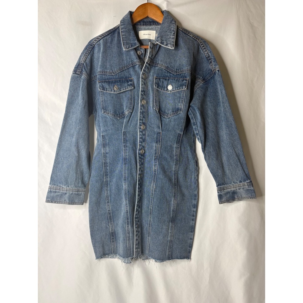 Idem Ditto Denim Mini Dress Medium Wash Button Front Raw Hem‎ Y2K Aesthetic L
